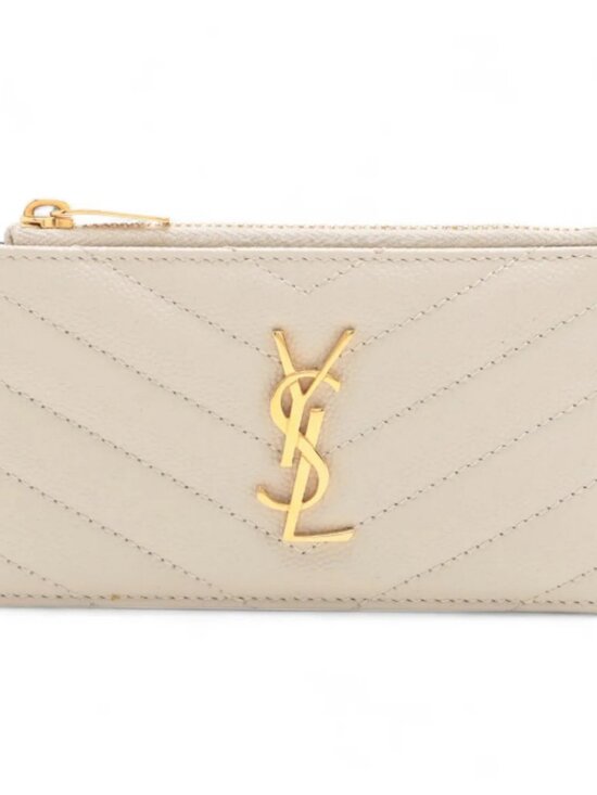 CASSANDRE MATELASSÉ FRAGMENTS FLAP CARD CASE IN GRAIN DE  Saint Laurent Paris V Stitch Leather Coin Card White